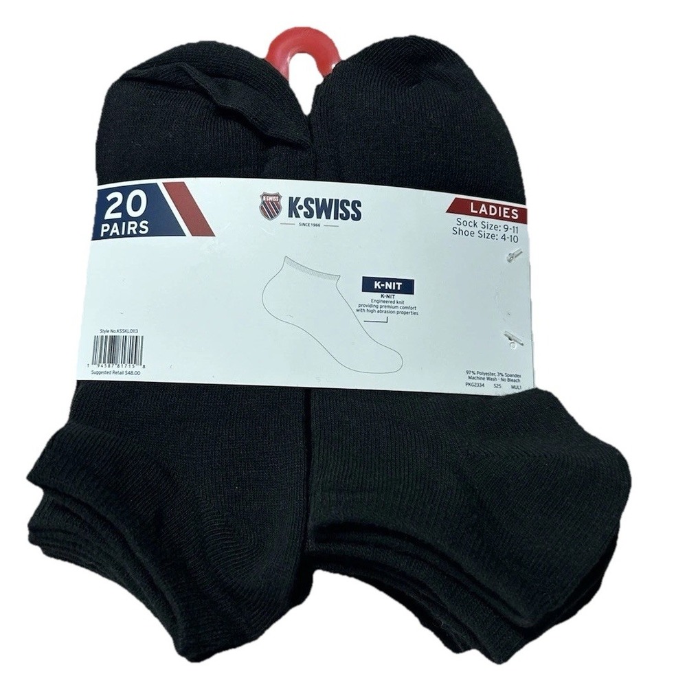 K-Swiss Ladies 9-11 Black Ankle Polyester Blend Socks 20 Pairs (B5)
